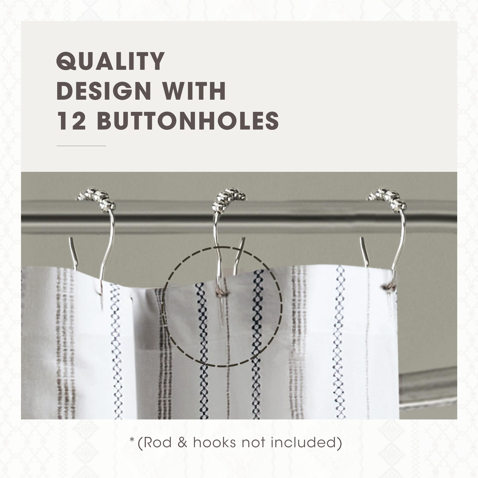 Curtain features 12 top holes for simple hanging with standard hooks.