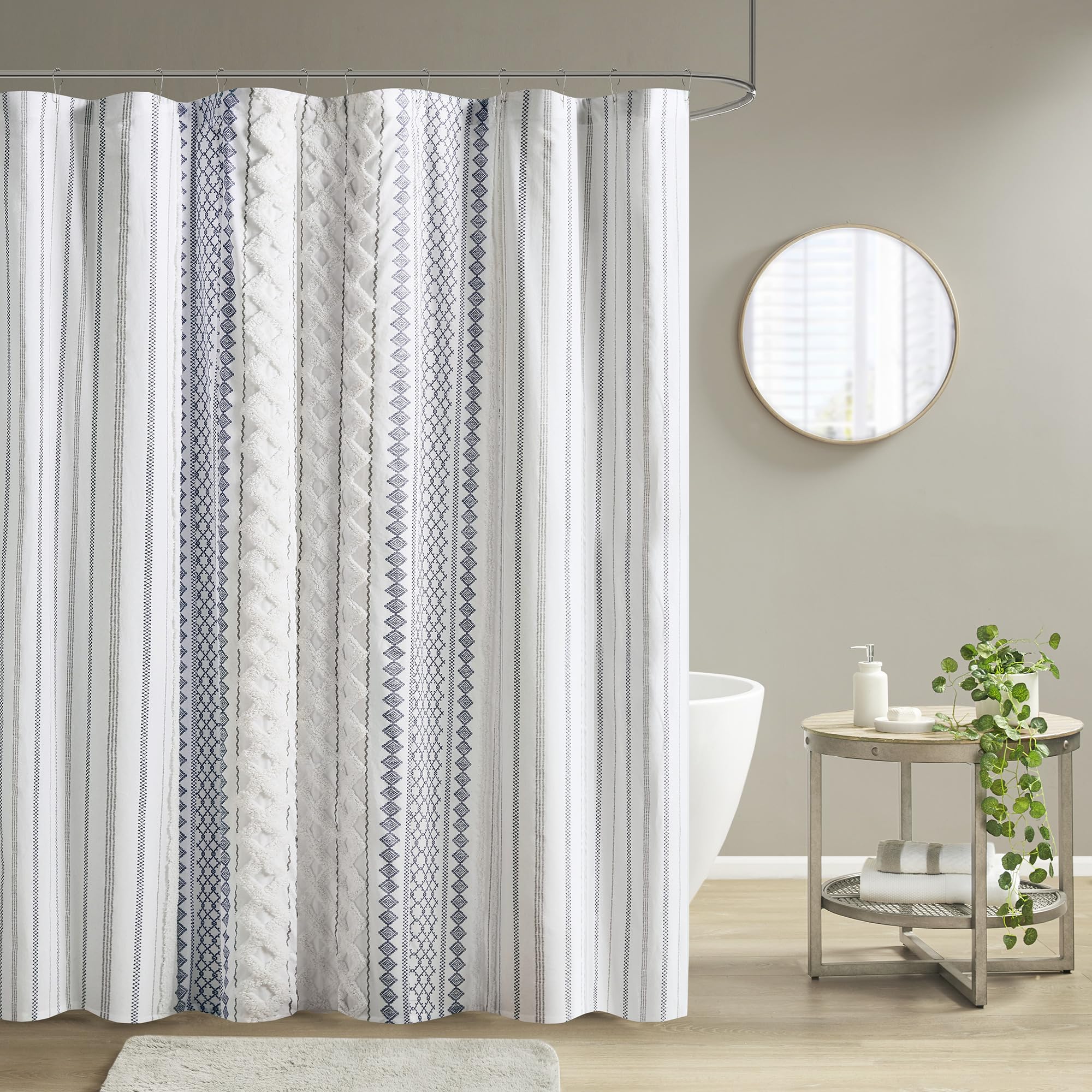 INK+IVY Imani cotton shower curtain with chenille stripe adds chic texture to bathrooms.