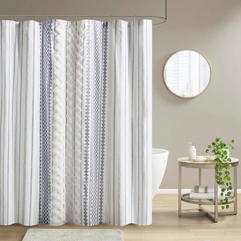 INK+IVY Imani cotton shower curtain with chenille stripe adds chic texture to bathrooms.
