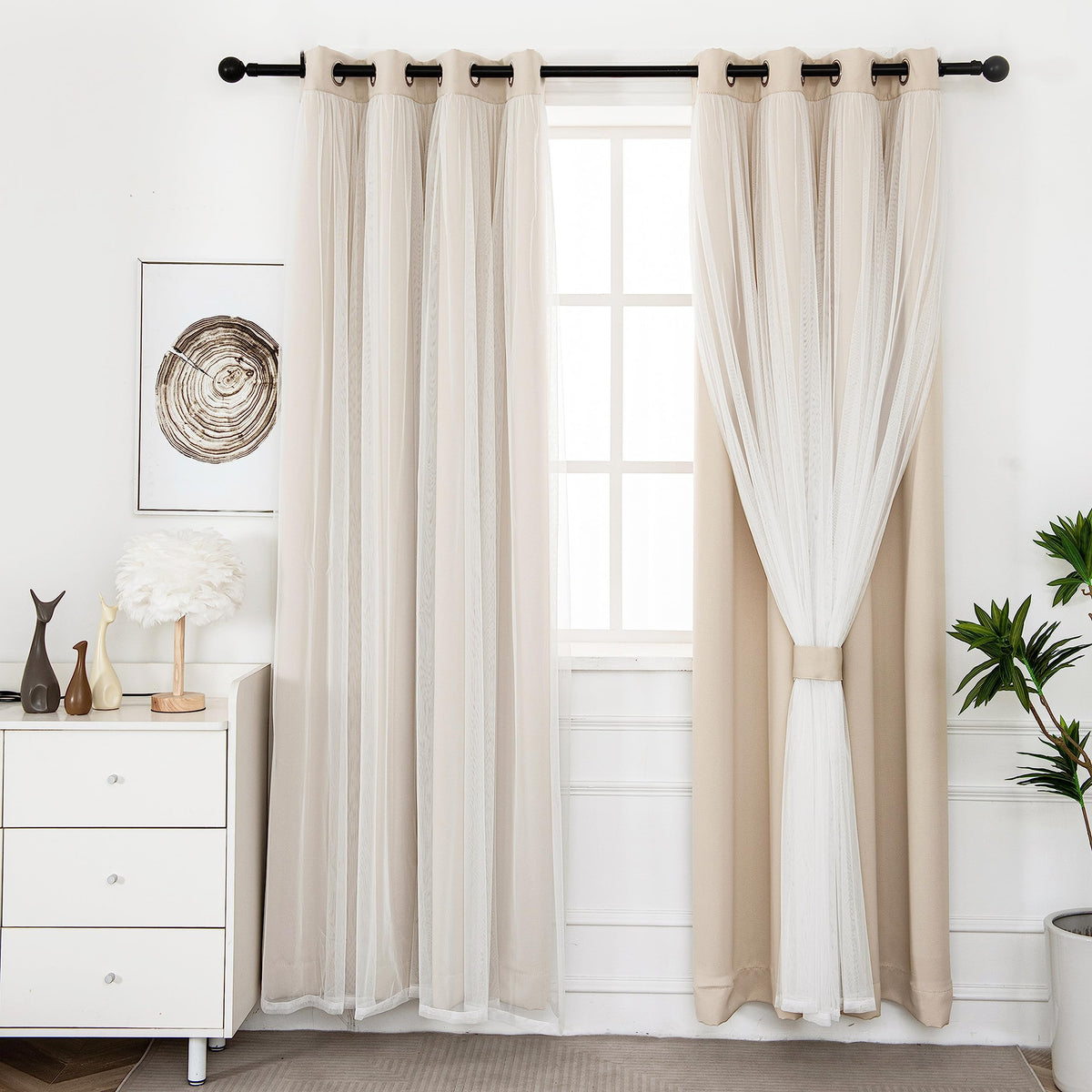 INLINAS Beige Blackout Curtains with Sheer Overlay front view showing elegant light control.