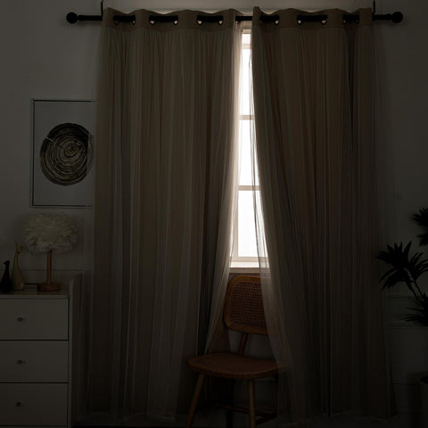 INLINAS Beige Blackout Curtains with Sheer Overlay thermal panel for temperature balance.