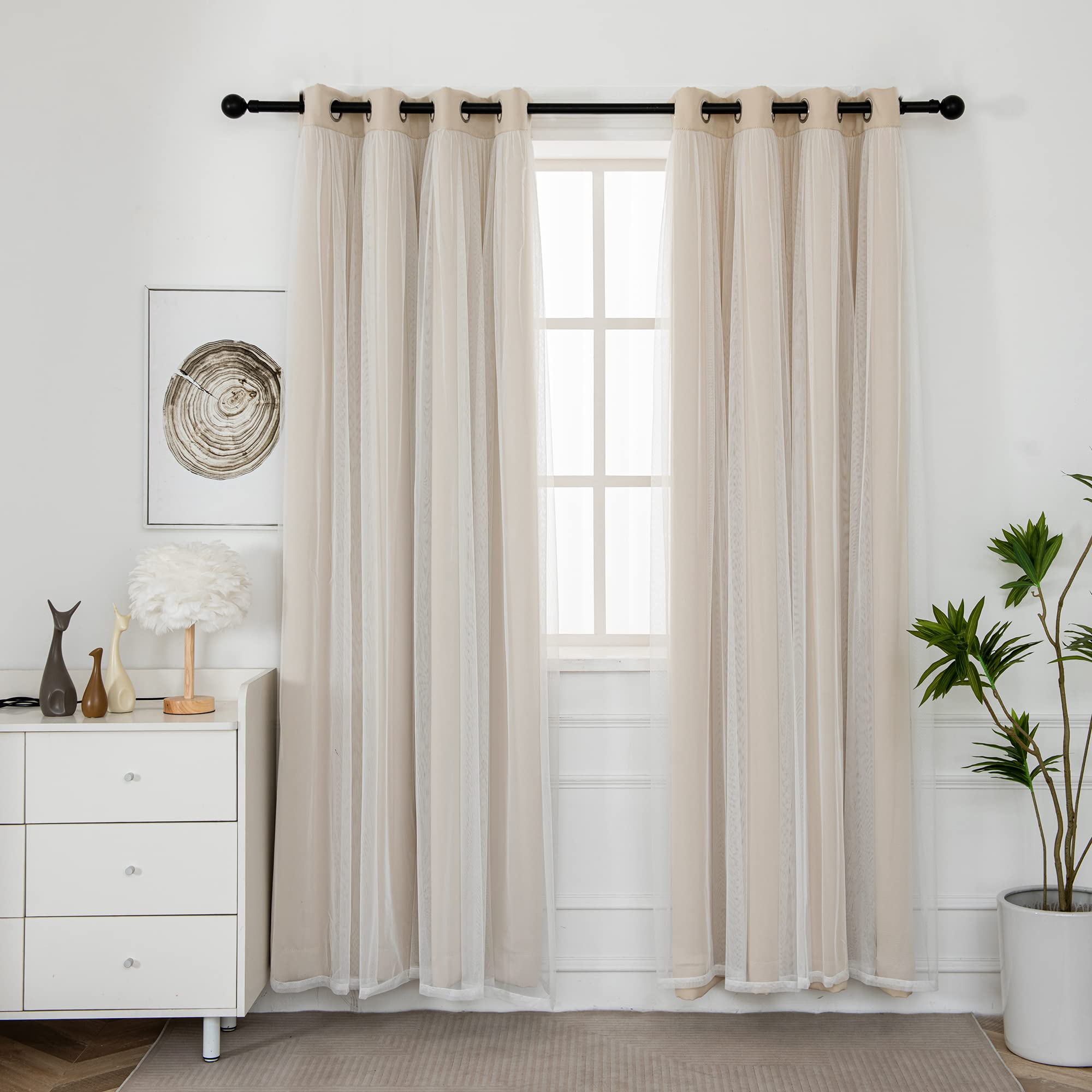 INLINAS Beige Blackout Curtains with Sheer Overlay wall-mounted setup for easy installation.