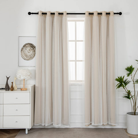 INLINAS Beige Blackout Curtains with Sheer Overlay wall-mounted setup for easy installation.