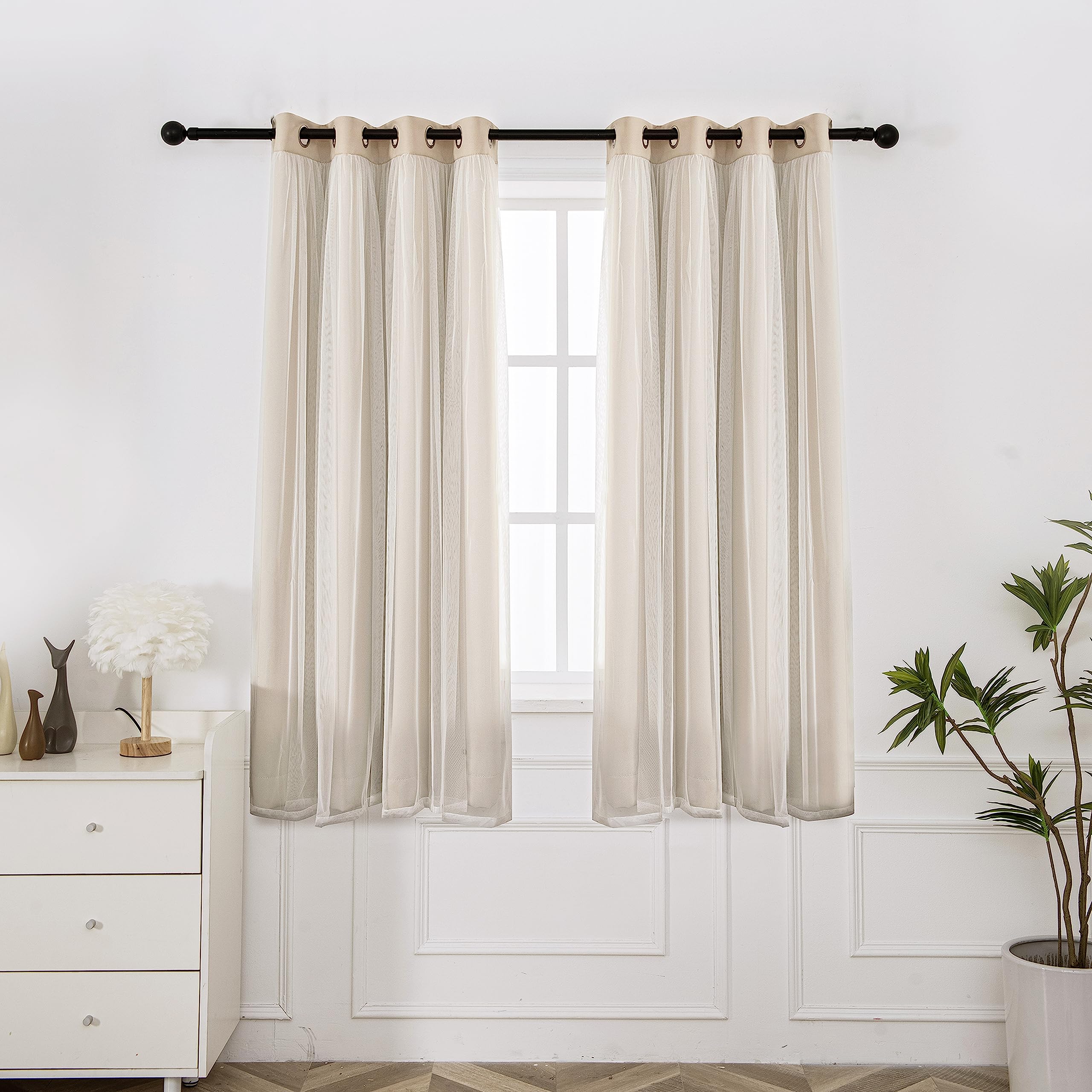 INLINAS beige blackout curtains with sheer overlay block light while preserving privacy.