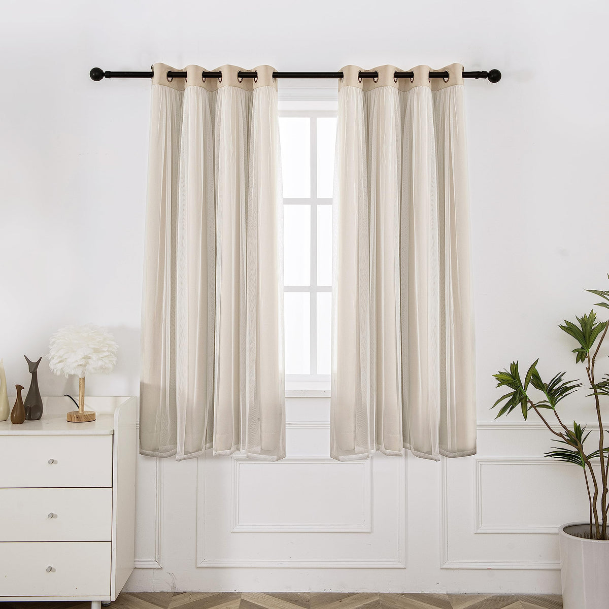 INLINAS beige blackout curtains with sheer overlay block light while preserving privacy.