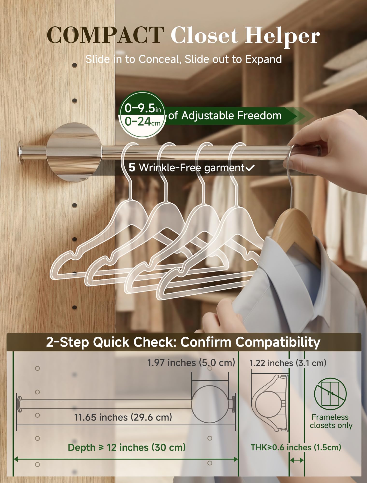 INMAKER valet rod offers two screw options for no-drill or pre-drilled cabinets.