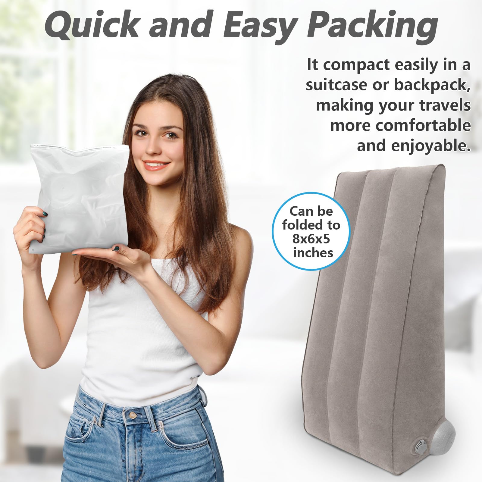 Inmoredo deflated pillow packs compactly for travel and storage.