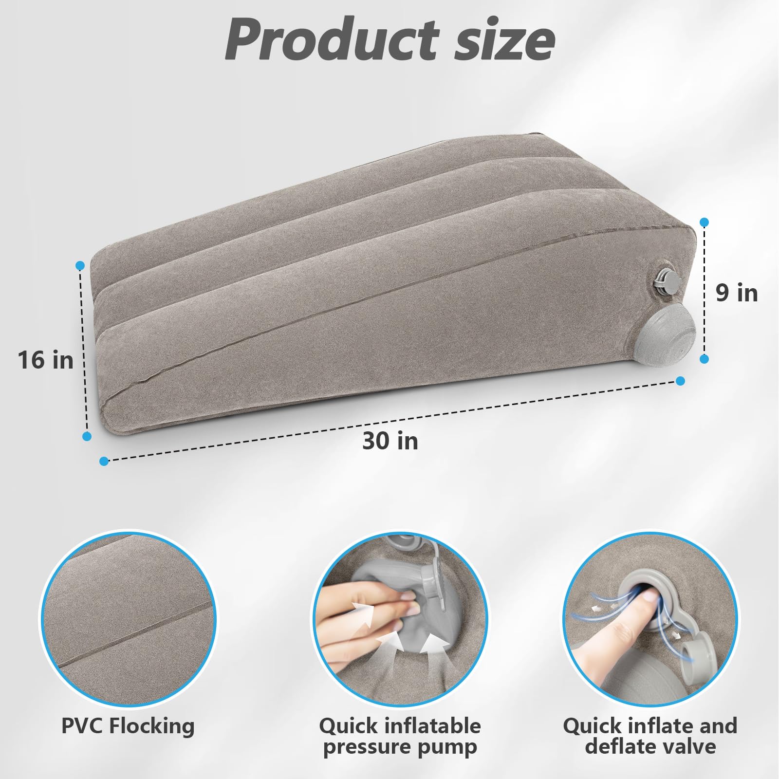 Inmoredo leg elevation pillow with easy press valve for quick inflation.