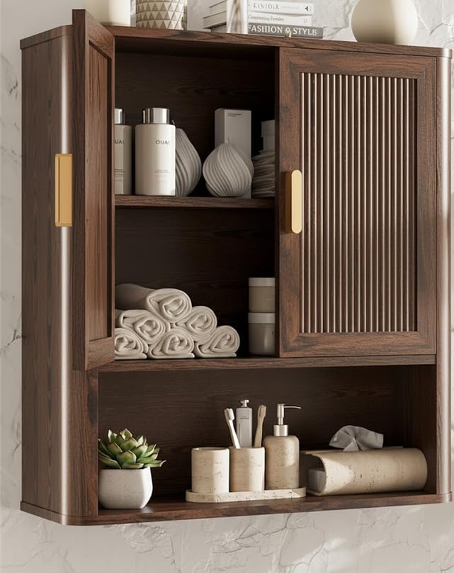 INNOD bathroom cabinet in walnut mounted over toilet saving space