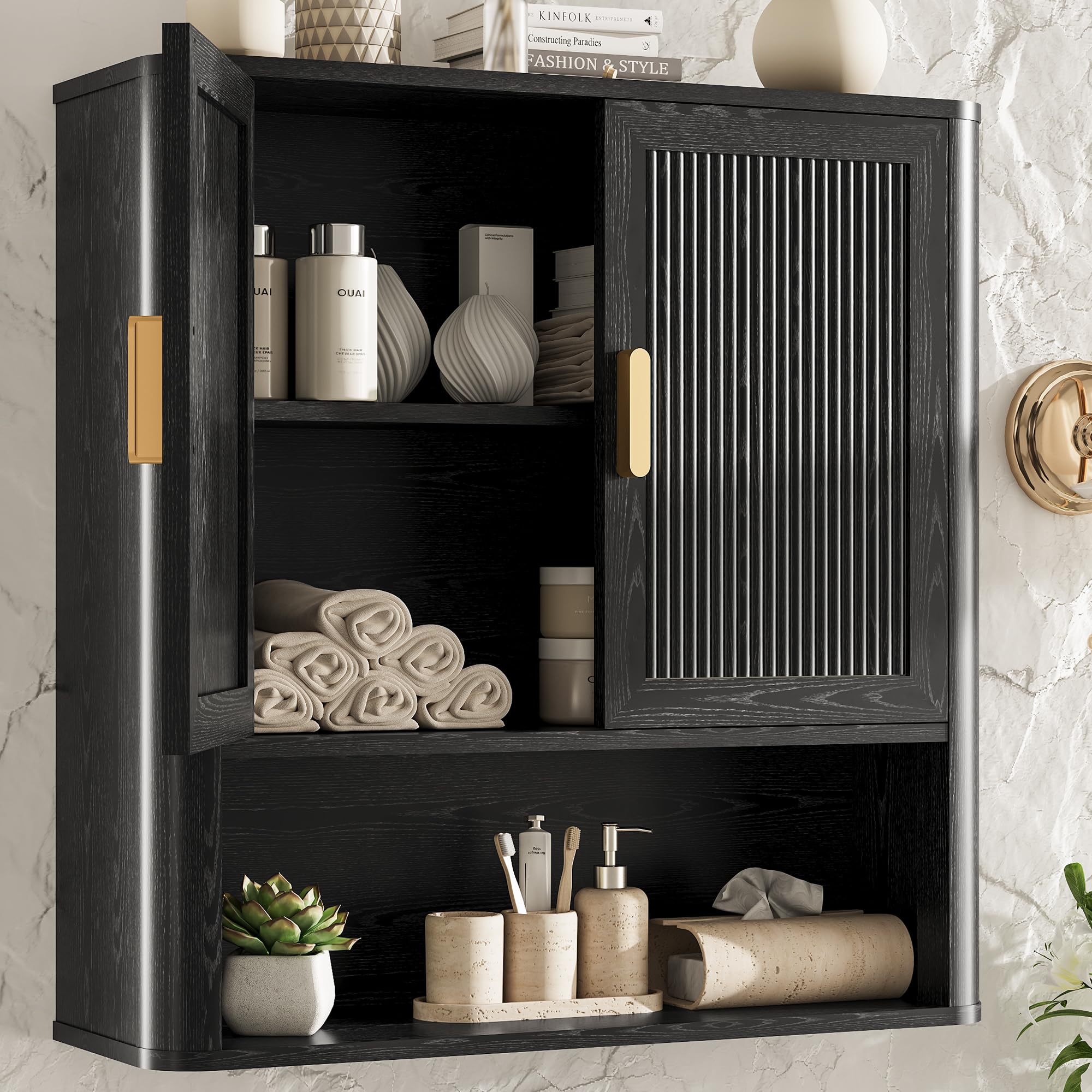 INNOD bathroom wall cabinet front view showing sturdy construction in a sleek black finish.