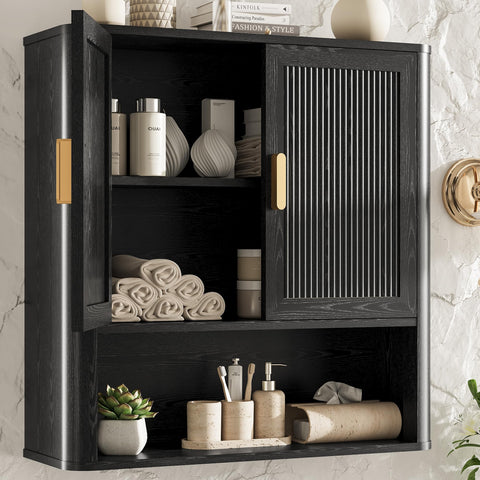 INNOD bathroom wall cabinet front view showing sturdy construction in a sleek black finish.