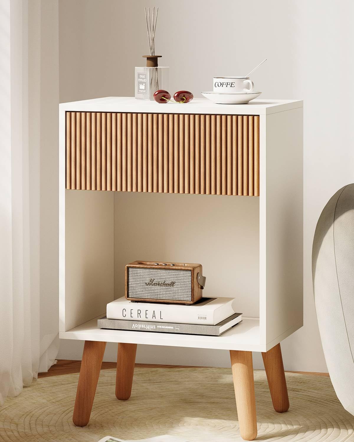 INNOD Fluted Nightstand front view with durable wood legs for bedside storage