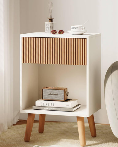 INNOD Fluted Nightstand front view with durable wood legs for bedside storage