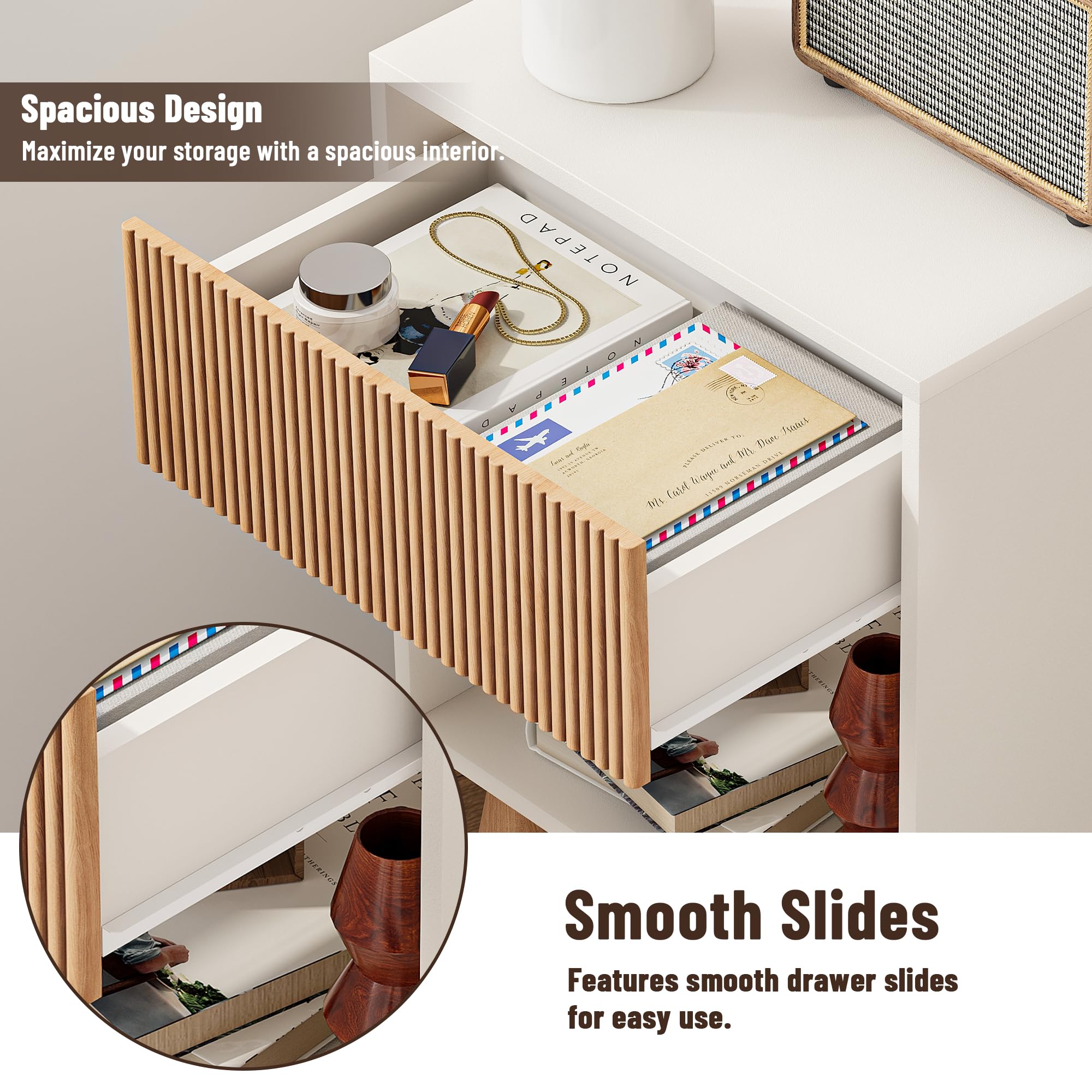 INNOD Fluted Nightstand open shelf displaying lamp and decor