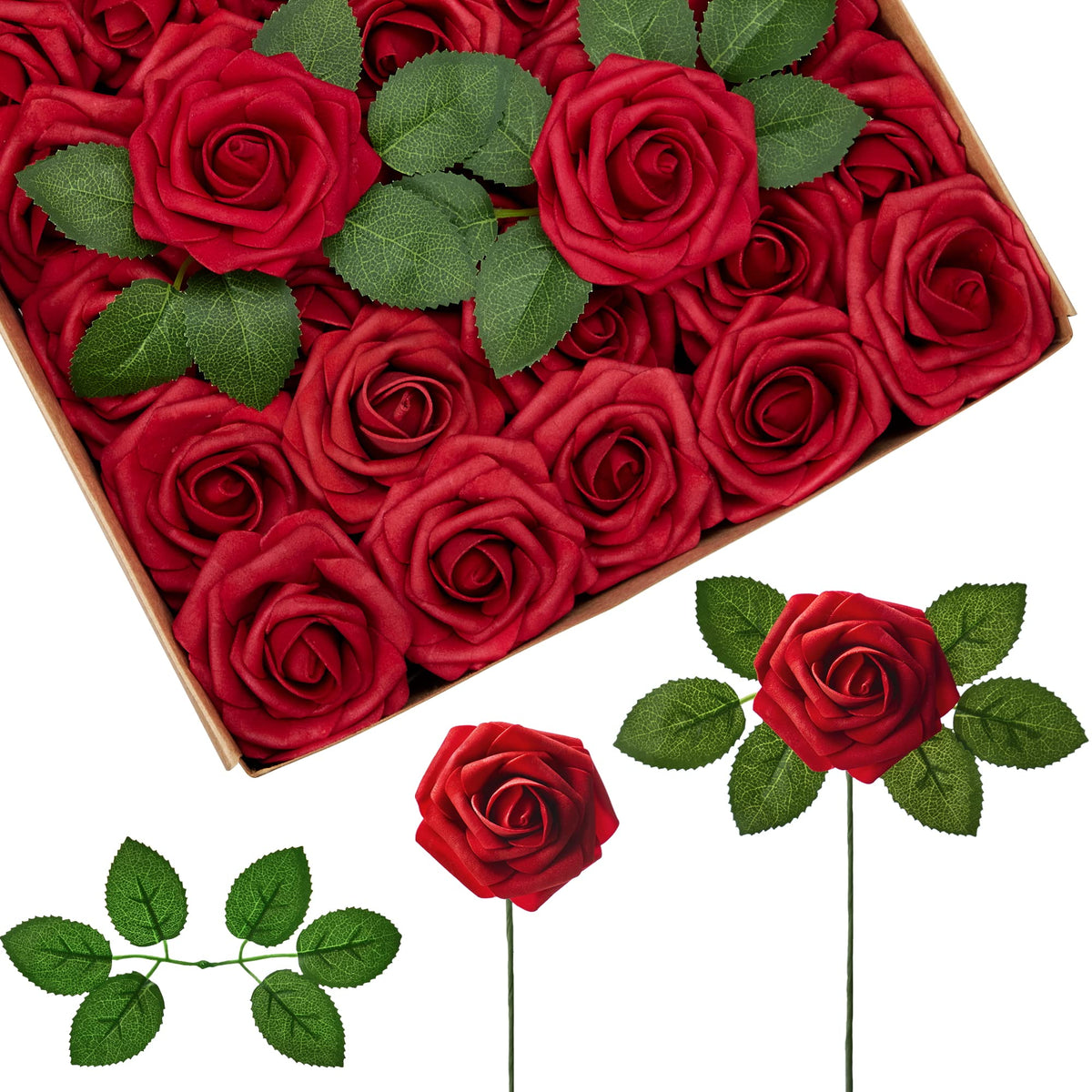InnoGear dark red foam roses with stems for versatile decorations.