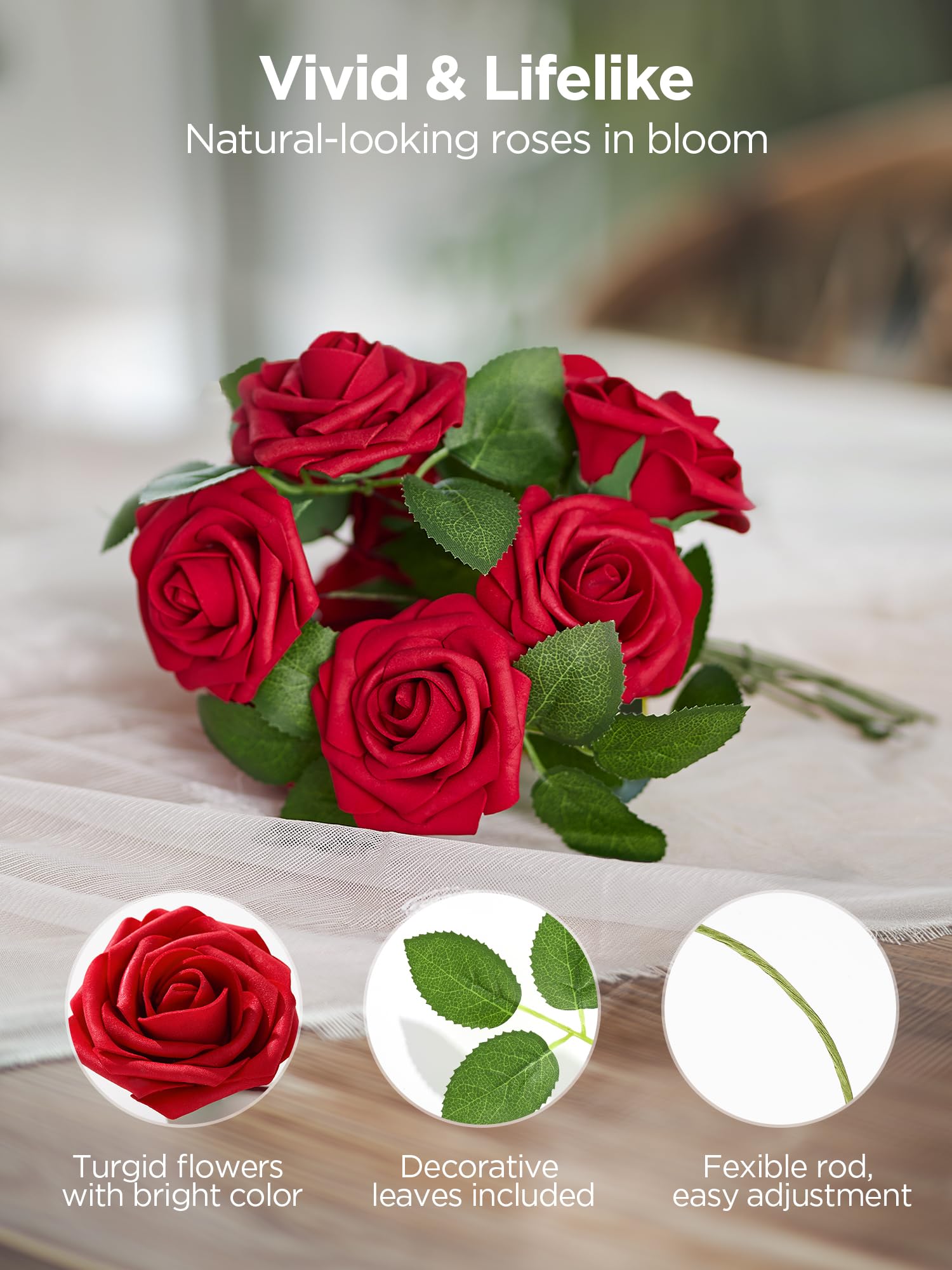 InnoGear foam roses with 20 decorative leaves to enhance natural charm.