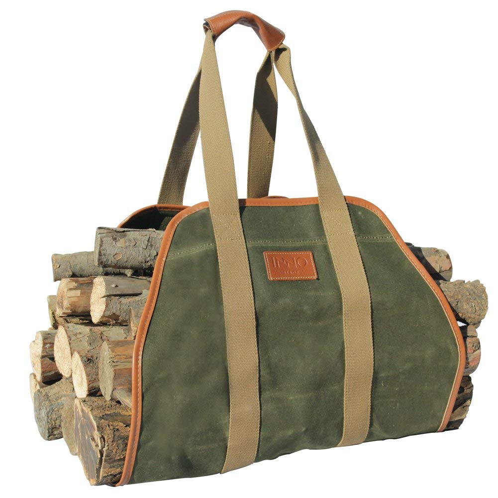 INNO STAGE firewood carrier in waxed canvas for dry, easy log transport.