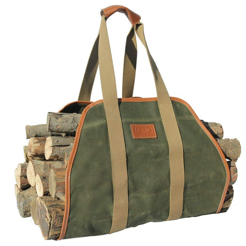 INNO STAGE firewood carrier in waxed canvas for dry, easy log transport.