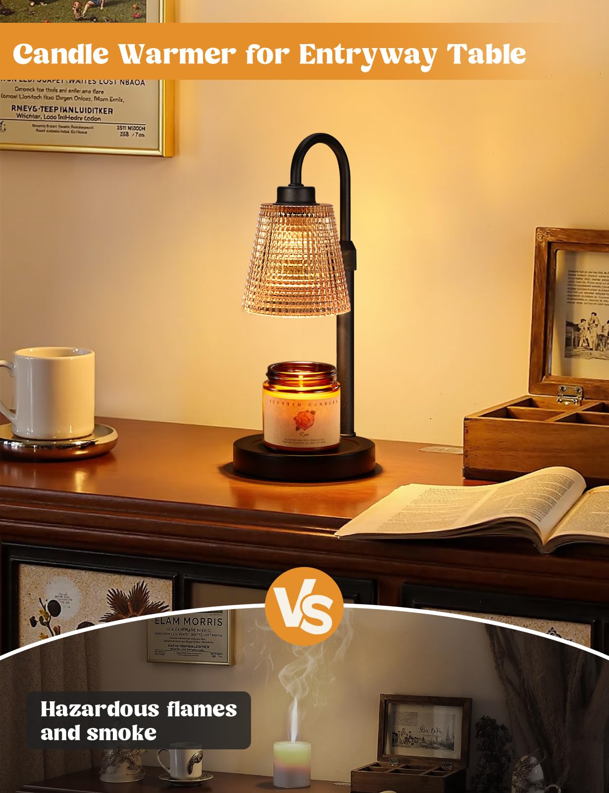 Innqoo Amber Candle Warmer height-adjustable: fits various candle sizes.