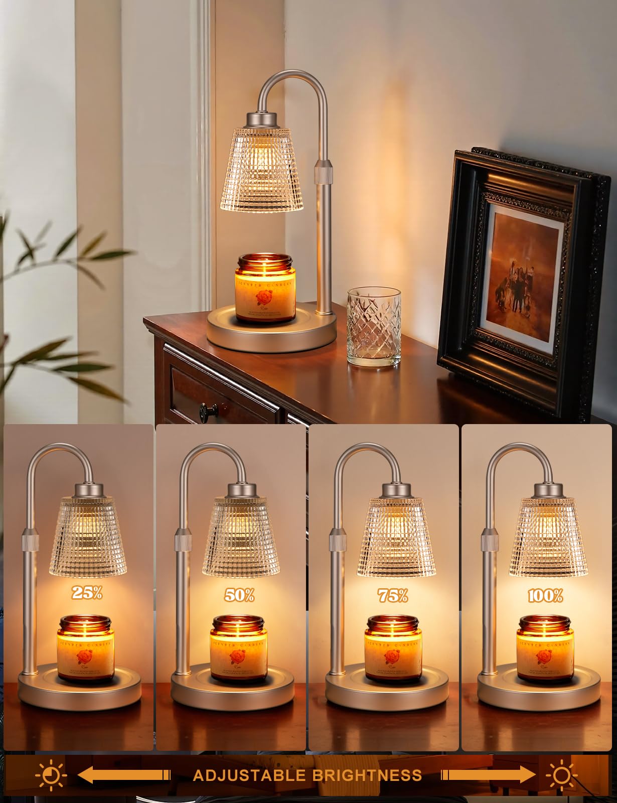 Innqoo Champagne Gold Candle Warmer Glass Shade with Polka Dots creates ambient fragrance.