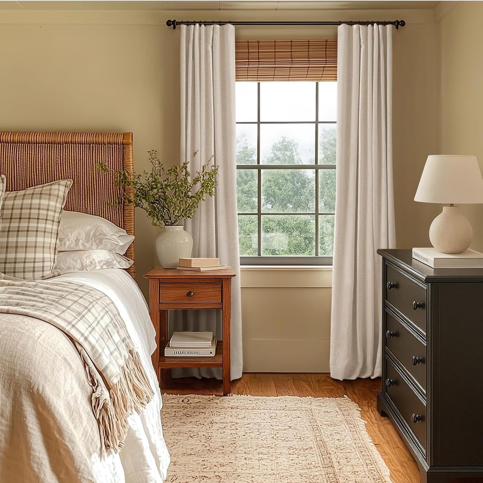 INOVADAY oatmeal blackout panels reduce glare for daytime naps and late-night viewing.