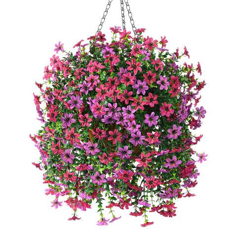 INQCMY daisy hanging basket outdoors showing UV-resistant silk flowers for outdoor styling