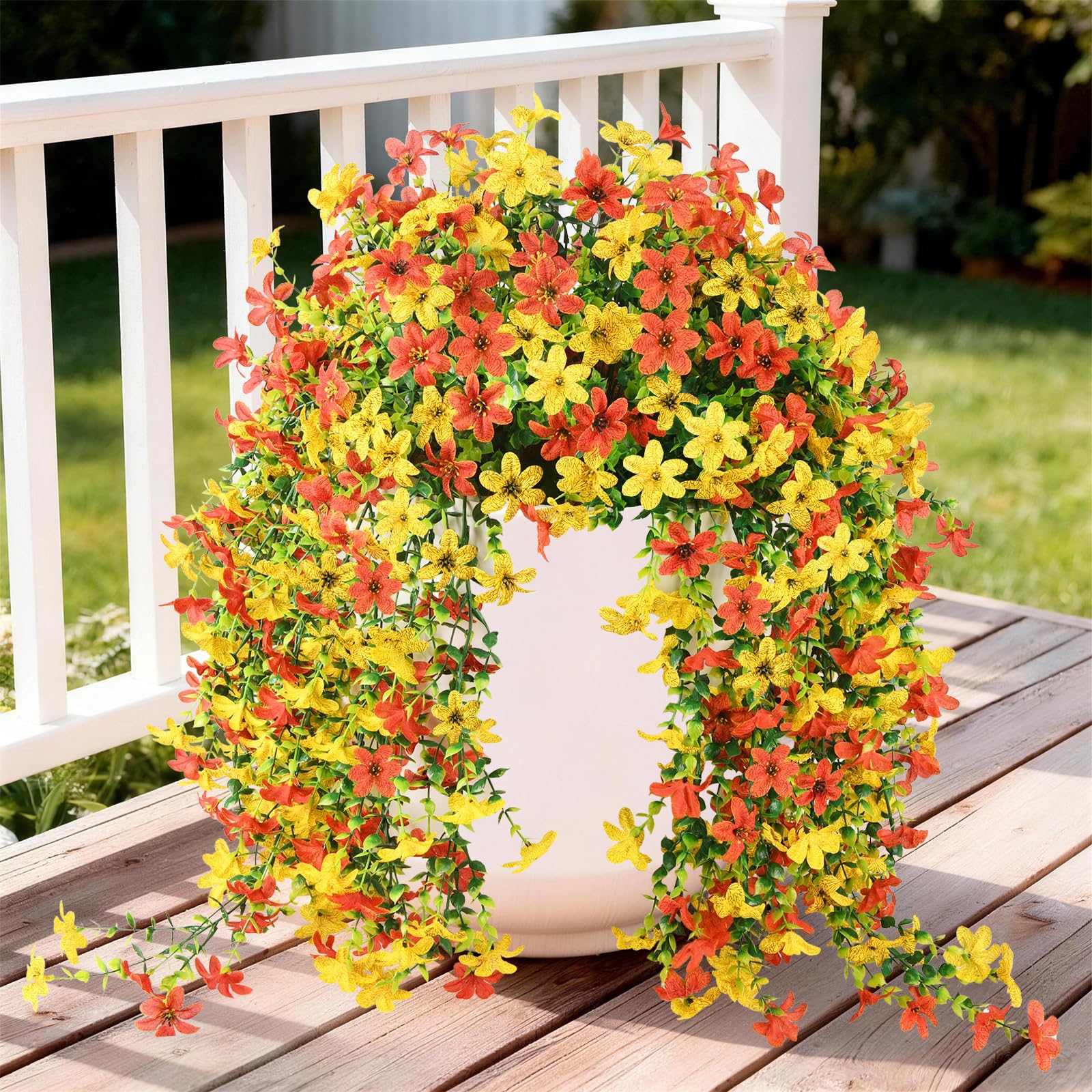 INQCMY artificial daisy flowers with eucalyptus for outdoor use, maintenance-free decor.