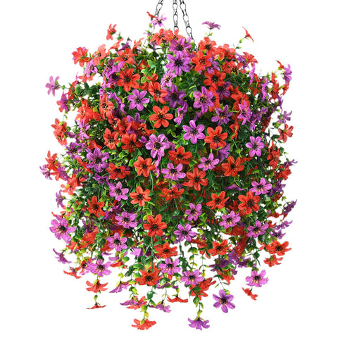 INQCMY artificial daisy hanging basket for outdoor spaces adds year-round color.
