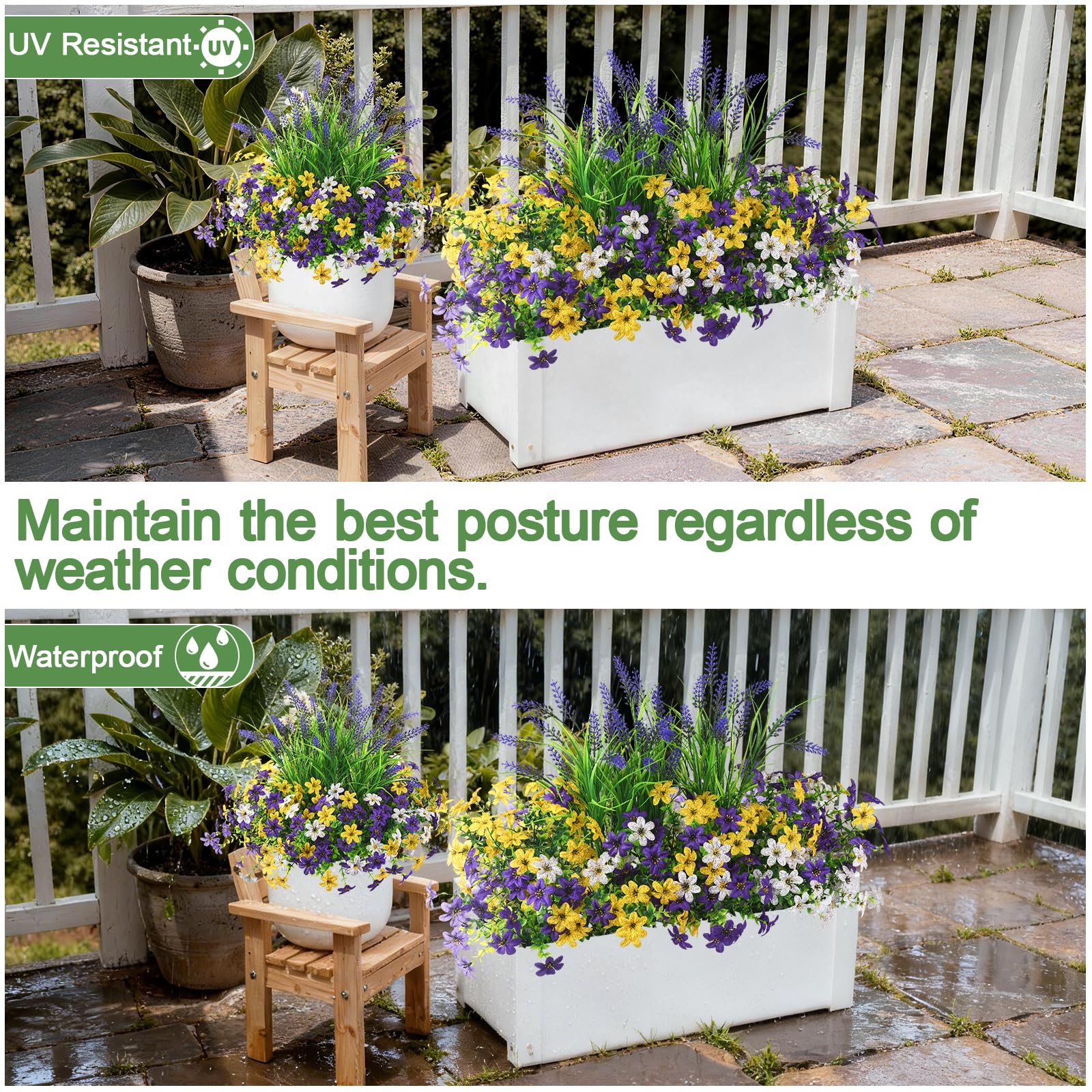 INQCMY weather-ready silk flowers require no watering or trimming.