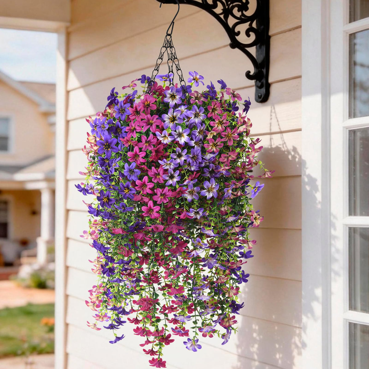 INQCMY artificial hanging flowers basket assembly provides quick porch decor options