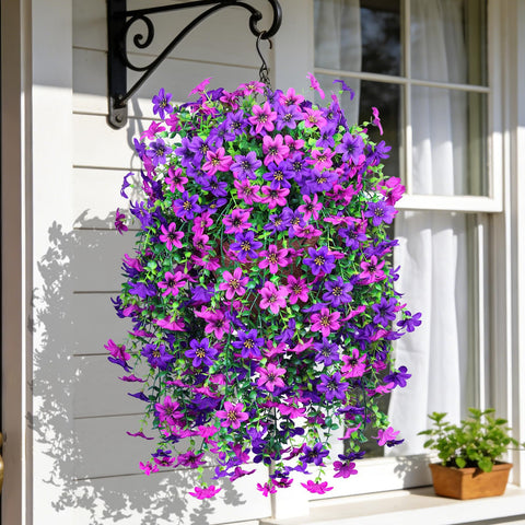 INQCMY artificial hanging flowers basket assembly with violet blooms for easy setup on porches