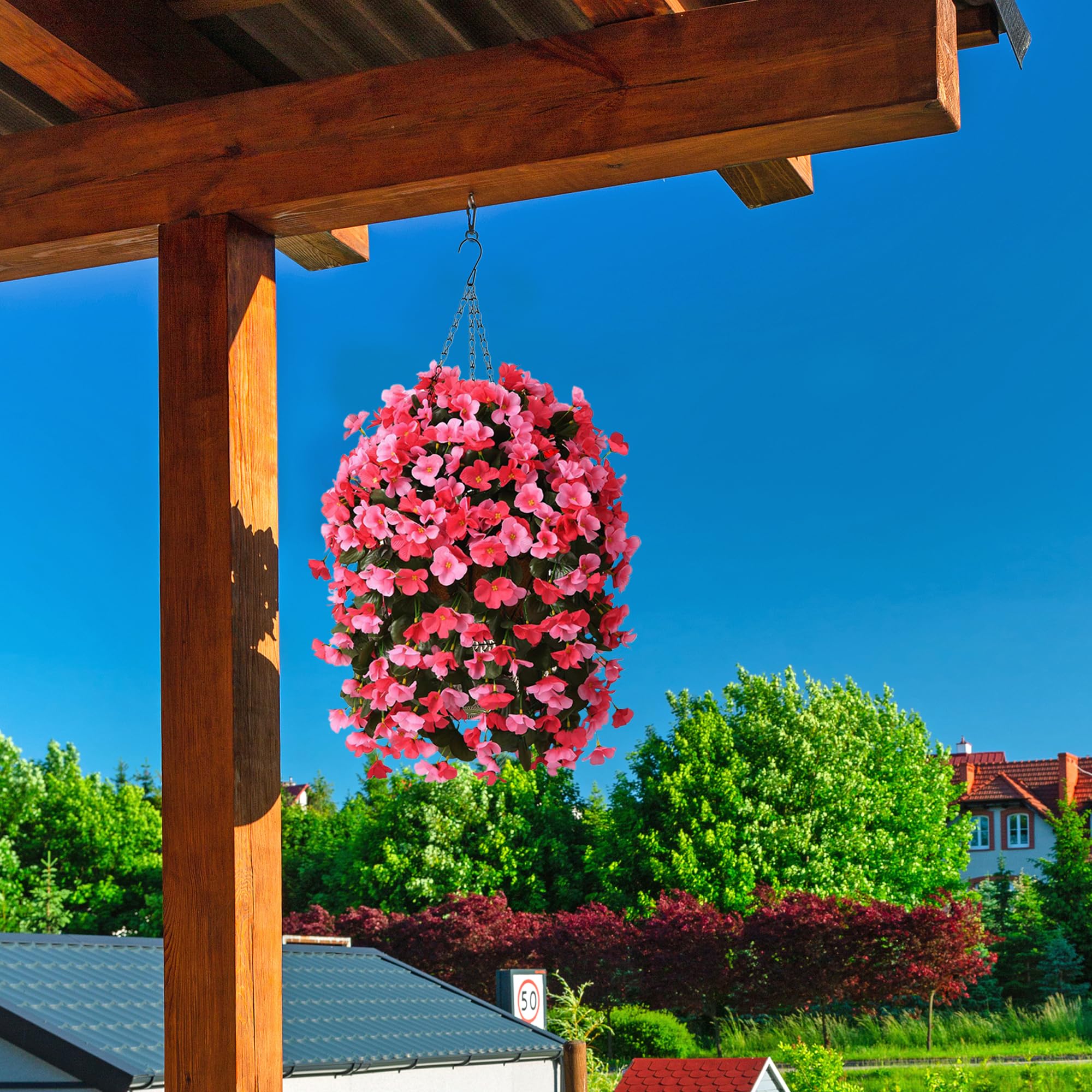 INQCMY artificial hanging basket close-up showing textured silk petals for year-round color