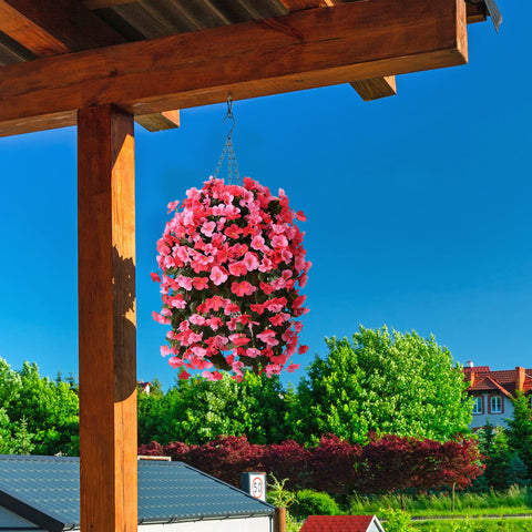 INQCMY artificial hanging basket close-up showing textured silk petals for year-round color