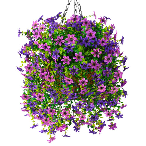 INQCMY artificial hanging flowers basket closeup showing realistic daisies for year-round outdoor appeal
