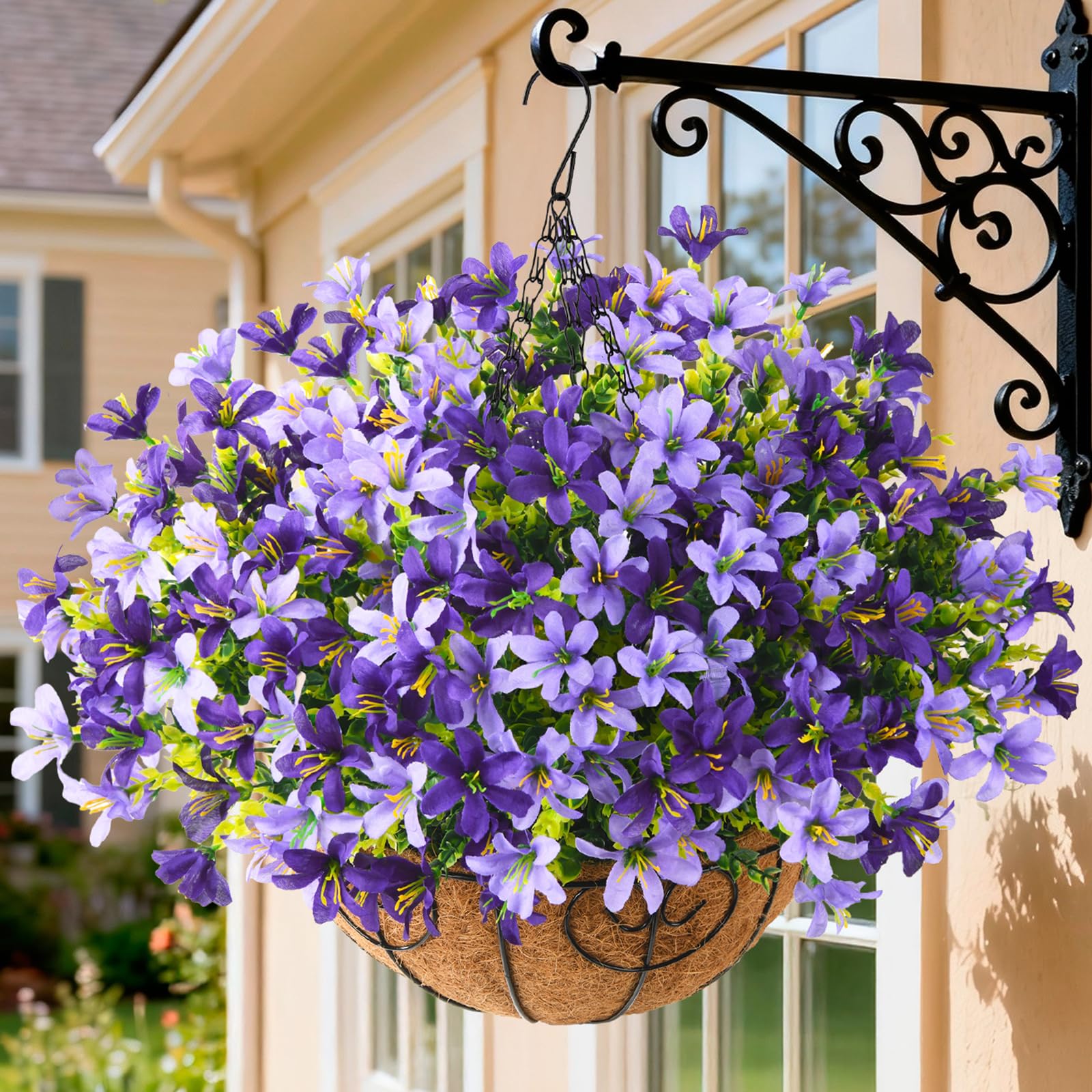 INQCMY artificial hanging flowers outdoors in 5 bundles offer year-round color.