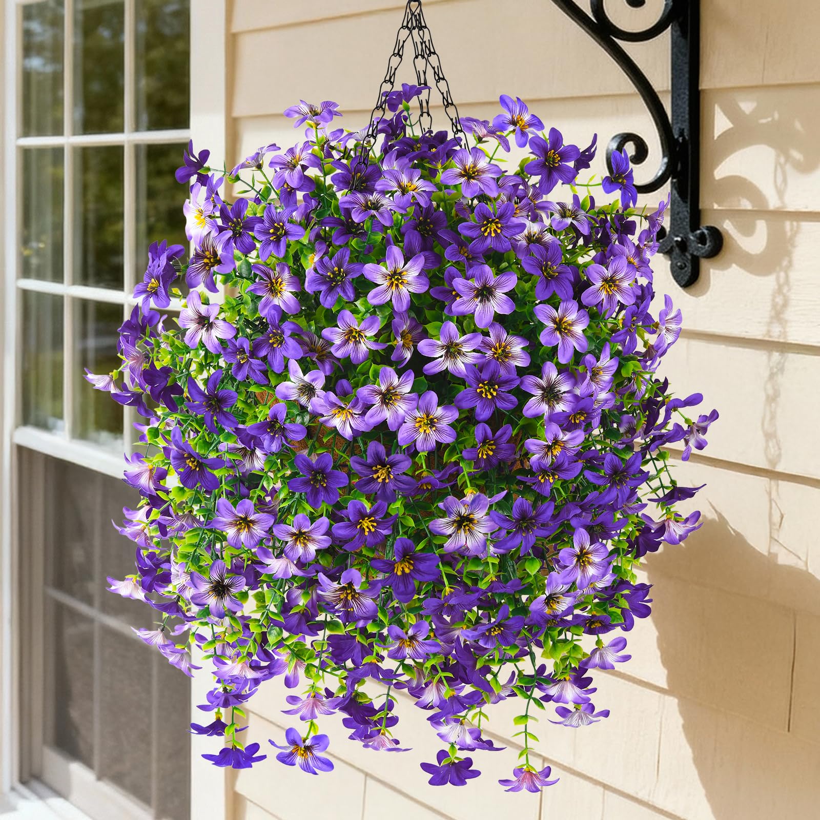 INQCMY artificial hanging flowers purple bundle in decorative basket; outdoor-ready and maintenance-free.