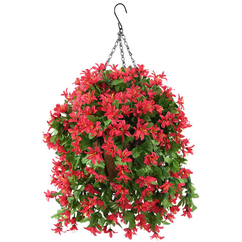 INQCMY artificial hanging plants in red basket ready for quick porch decor.
