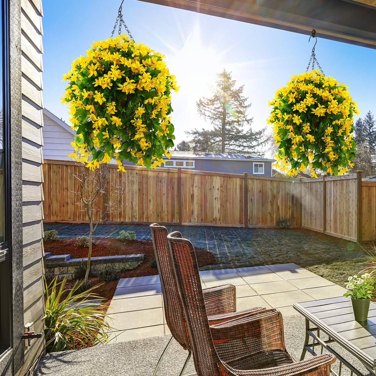INQCMY artificial violet flowers outdoor setup for year-round porch charm.