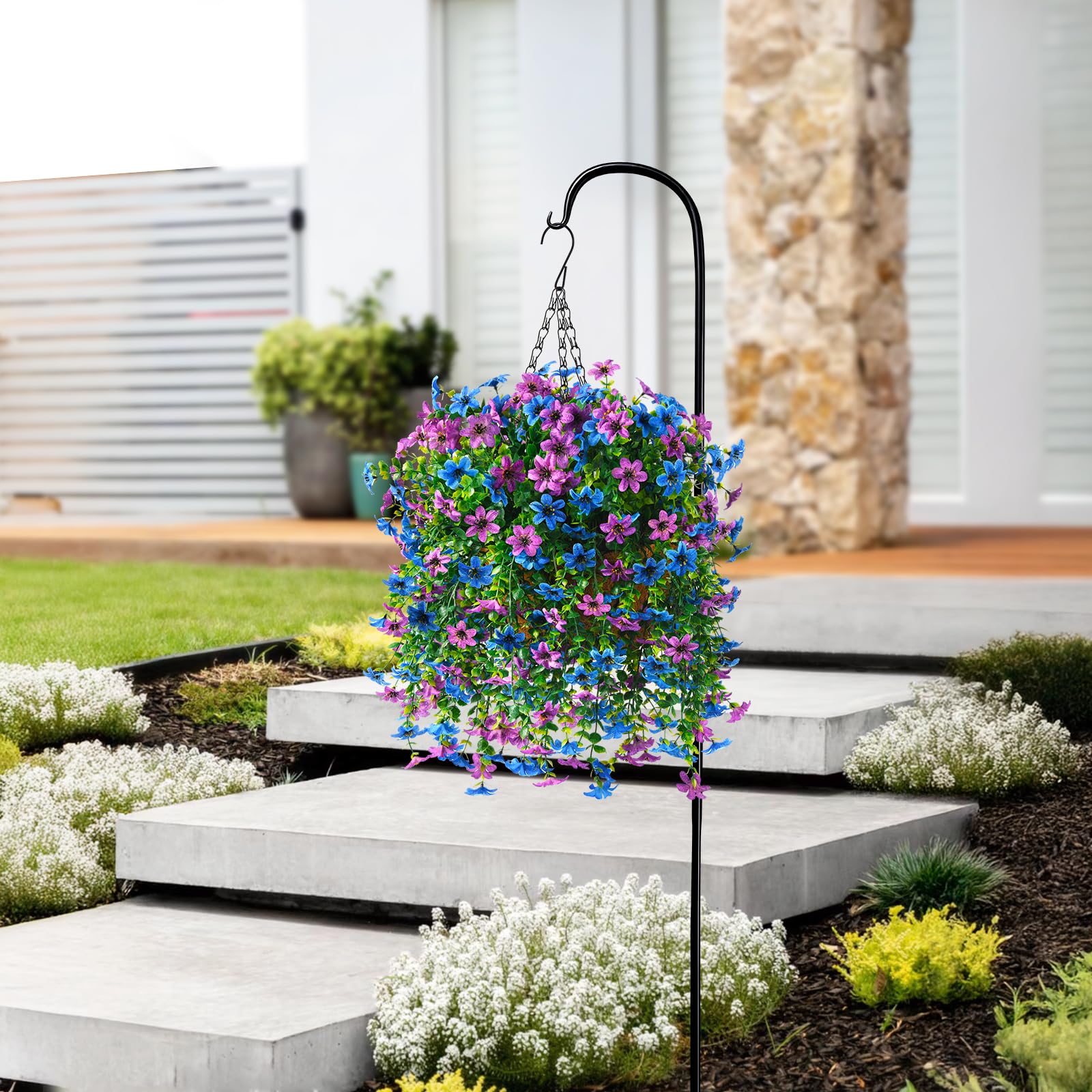 INQCMY coir basket and metal chains offer sturdy, weather-resistant hanging planter setup.