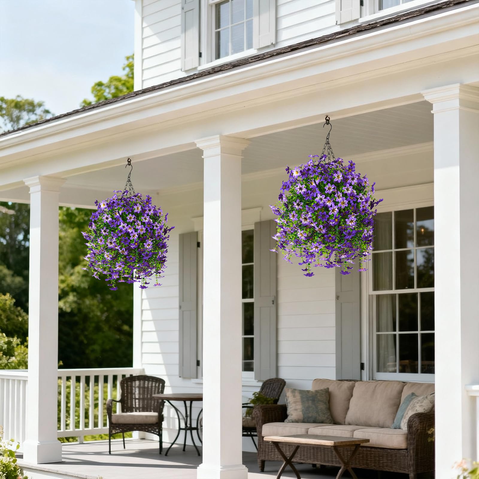INQCMY 3-pack purple faux flowers; ready-to-hang basket for quick setup.