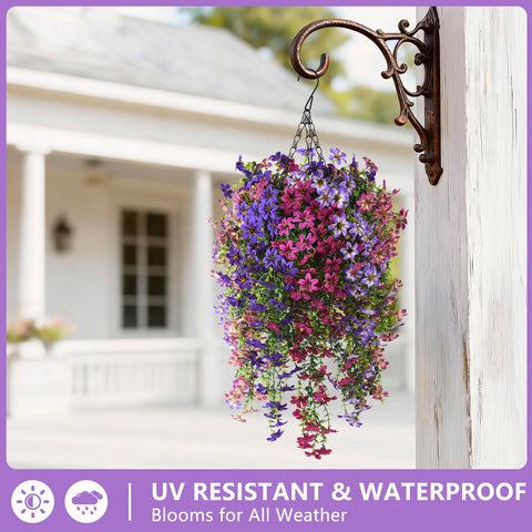 INQCMY faux violet flowers with green leaves for year-round outdoor use