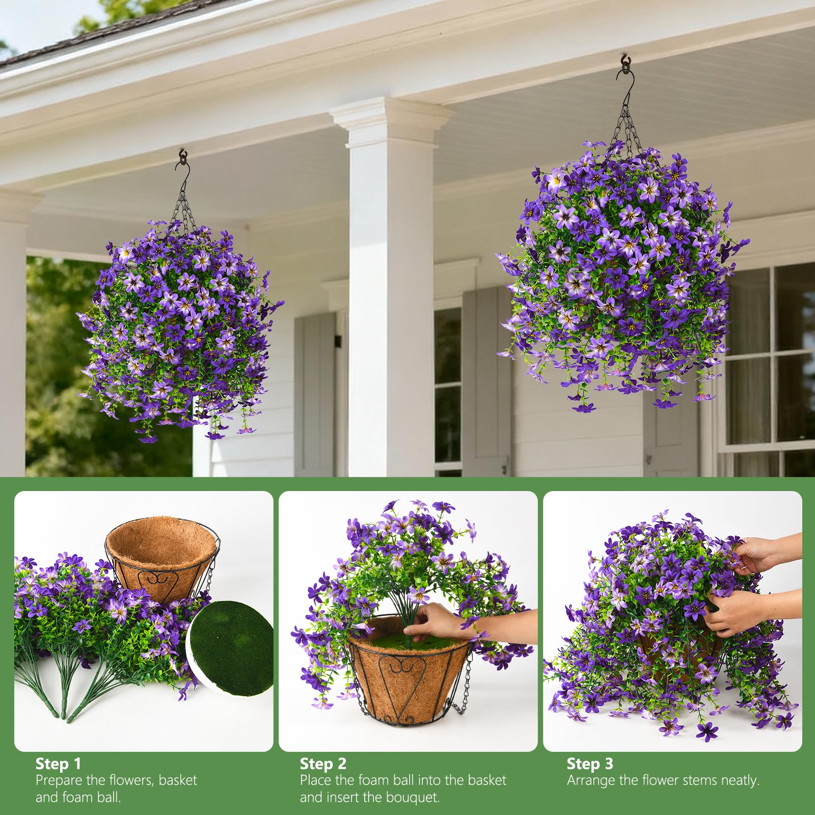 INQCMY hanging-basket arrangement; effortless porch or patio decor.