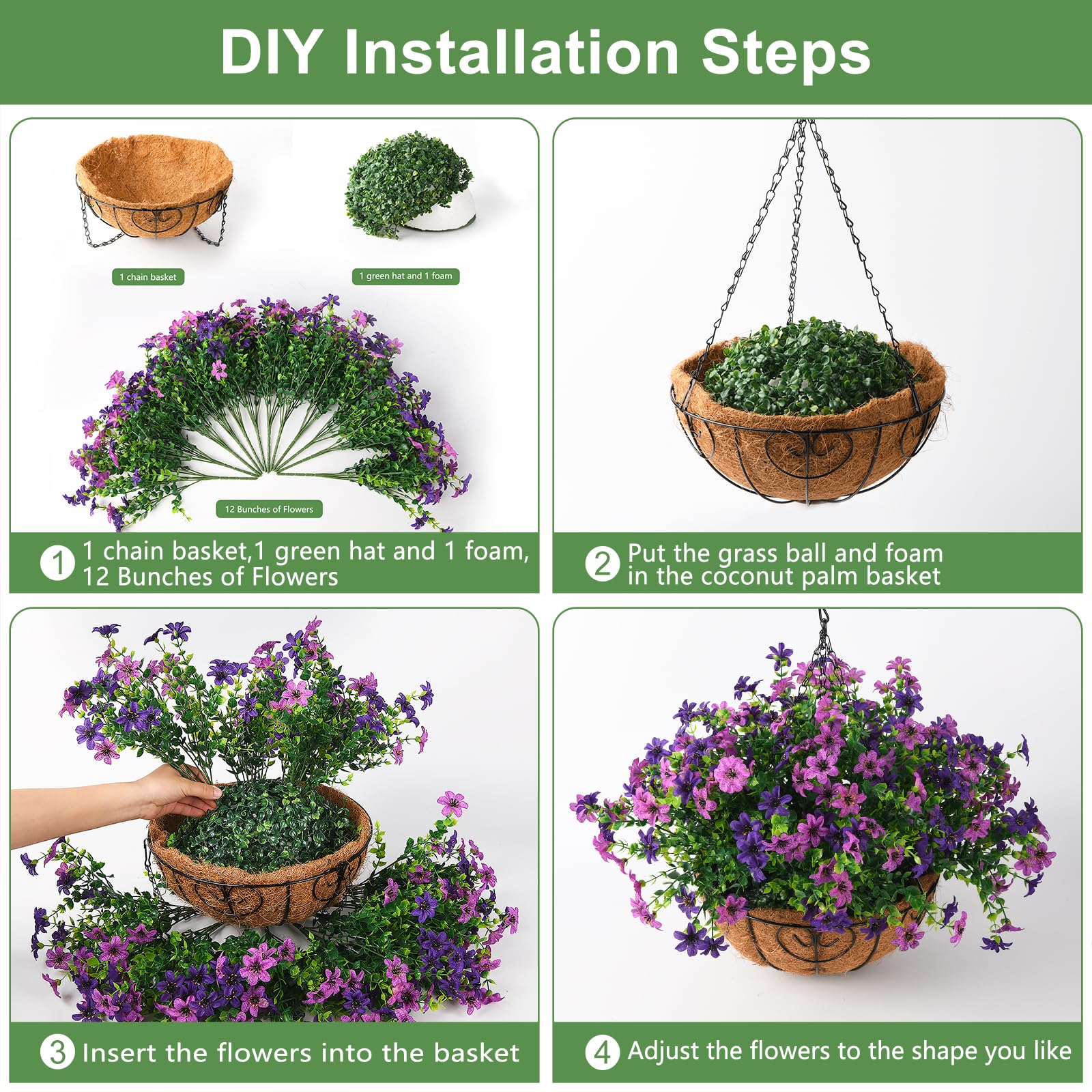 INQCMY lifelike silk flowers in a hanging basket for porches