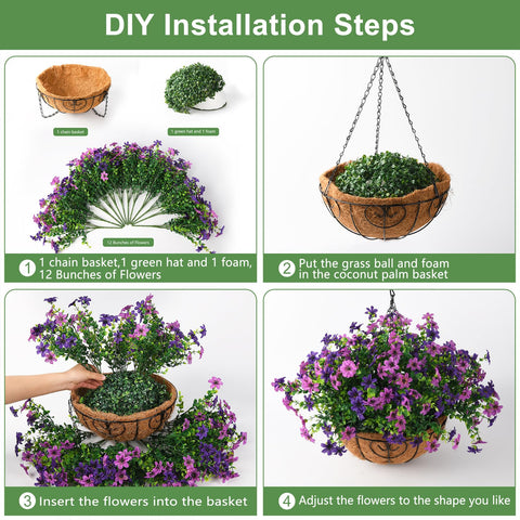 INQCMY lifelike silk flowers in a hanging basket for porches