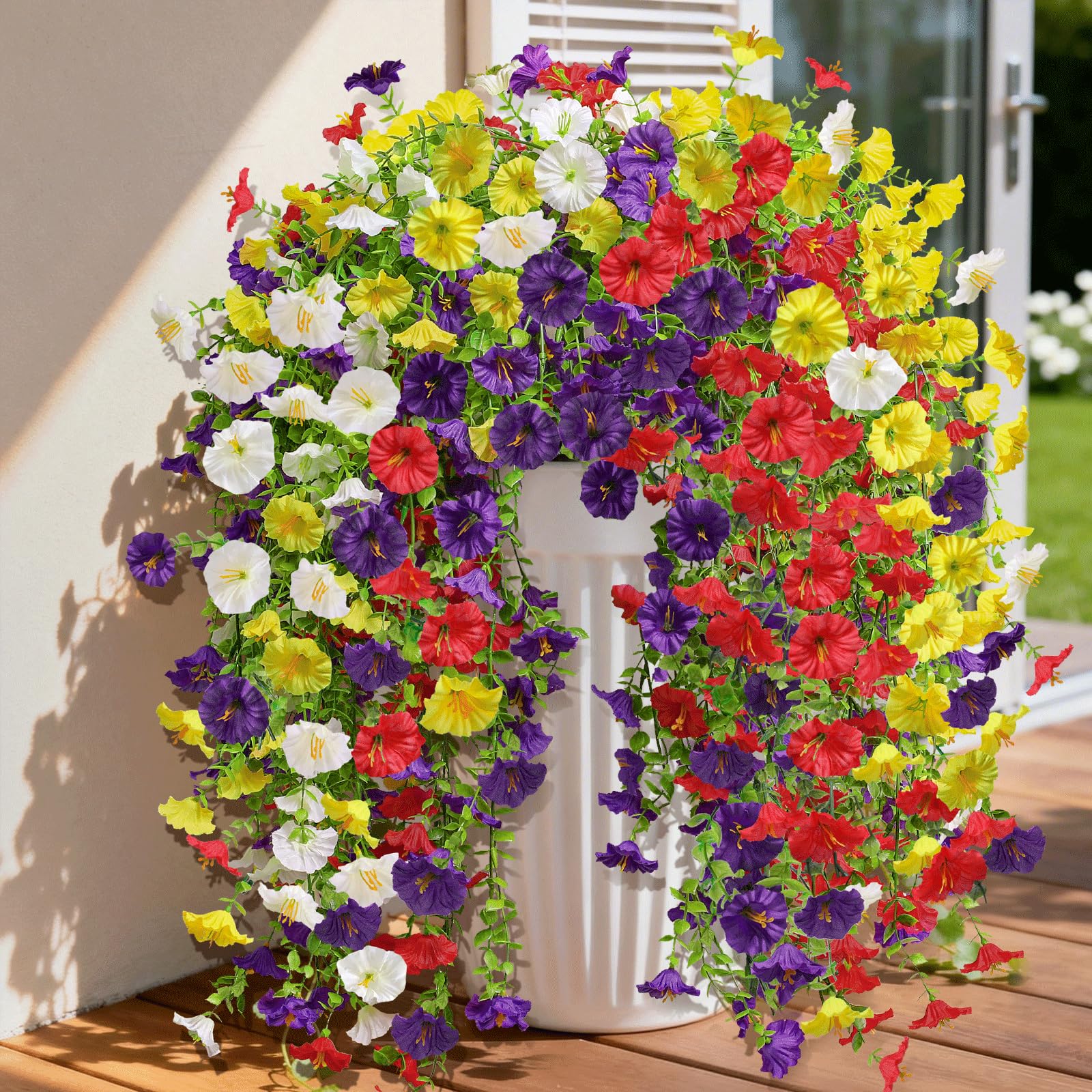 INQCMY Morning Glory hanging plant close-up shows lifelike petals and natural texture for porch decor
