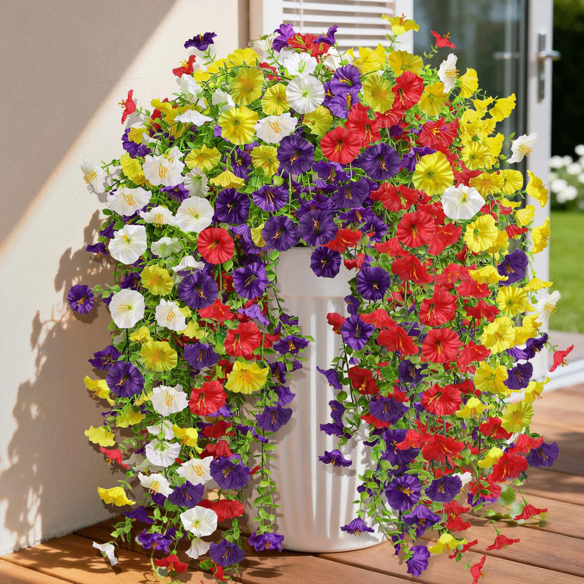 INQCMY Morning Glory hanging plant close-up shows lifelike petals and natural texture for porch decor