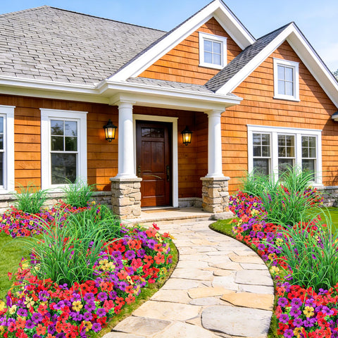 INQCMY outdoor porch decor with durable faux flowers withstands weather.