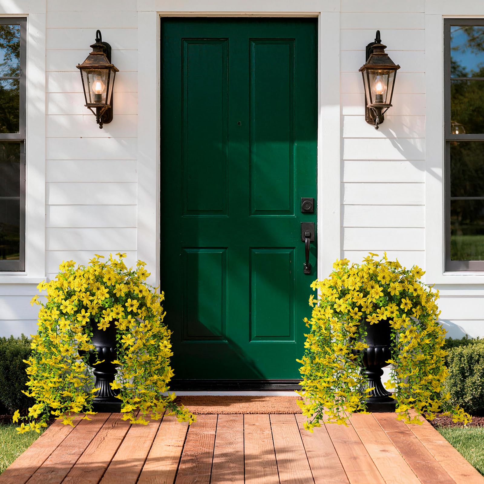 INQCMY outdoor porch decor setup with UV-resistant flowers.