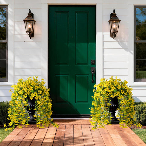 INQCMY outdoor porch decor setup with UV-resistant flowers.