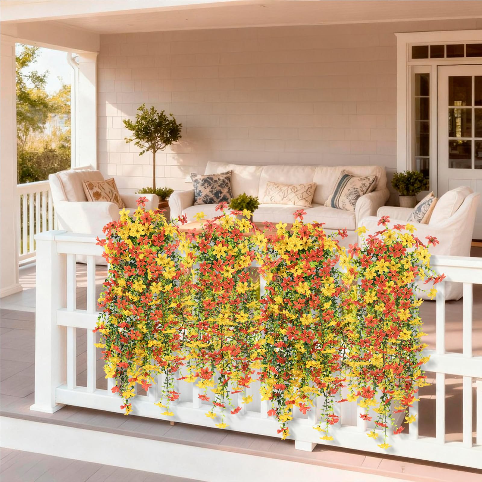 INQCMY outdoor silk daisies in planters for porch and balcony decor.
